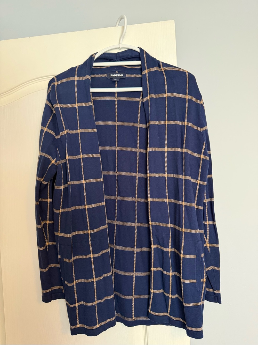 Lands' End Navy and Tan Windowpane Open-Front Cardigan